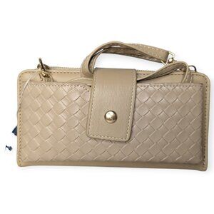 Chic Unlimited Woven Faux Leather Tan Zip Around Wallet with Strap NWT